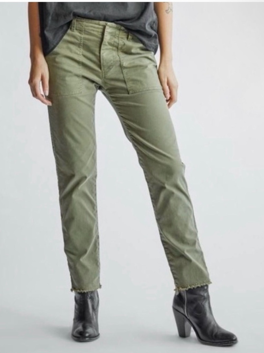 Nili Lotan Olive Green Utility Trousers ankle fray bottom sz 2